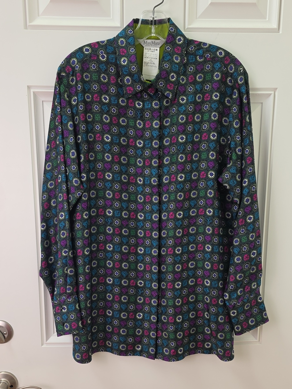 MaxMara Silk Black Button-Down Shirt with Blue and Purple Geo Circles. Size 10